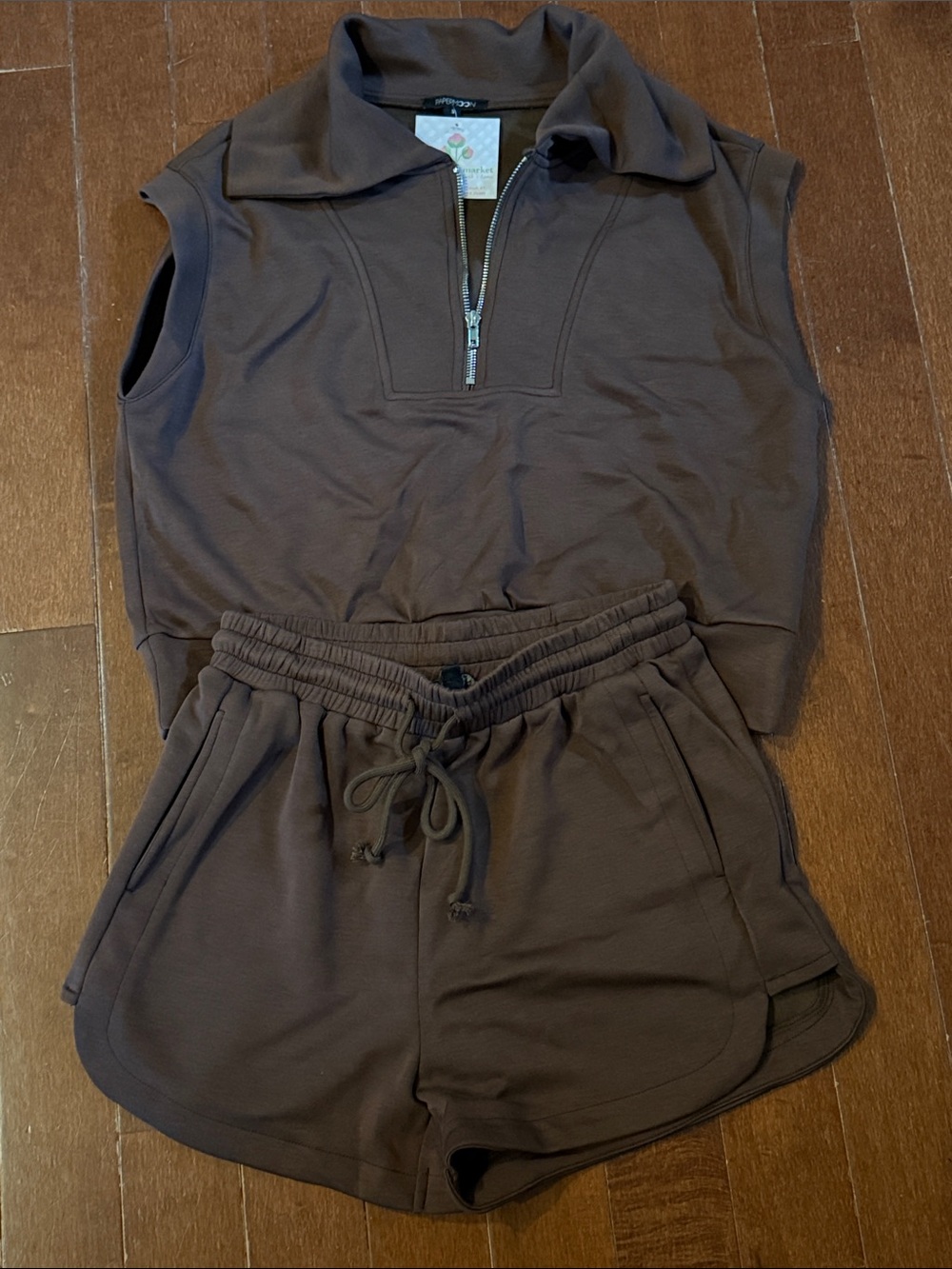 Papermoon Brown Sleeveless Zip-Neck Top & Drawstring Shorts Set